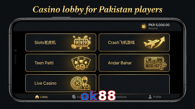 Lobby view of Ok88 for Pakistan users